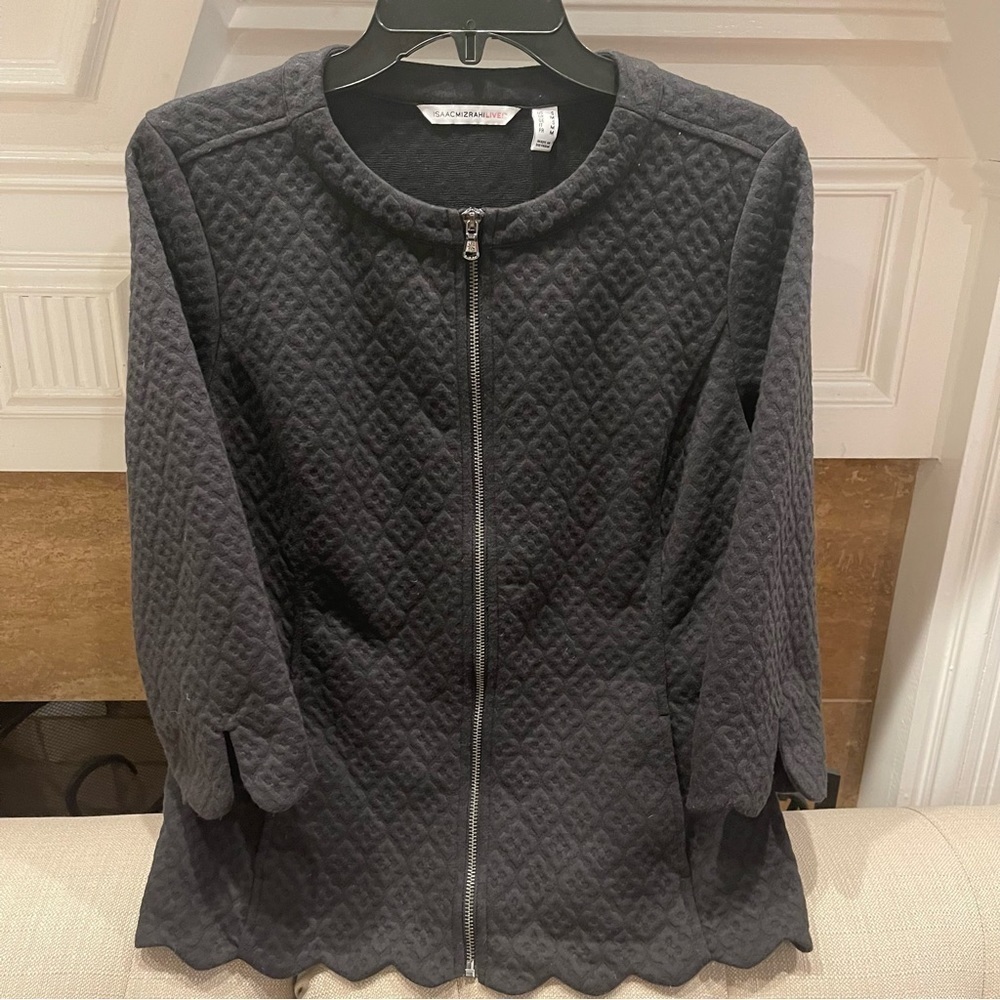 BL: Isaac Mizrahi Live Womens Jacket Size S Black Pucker Floral Scallop Knit